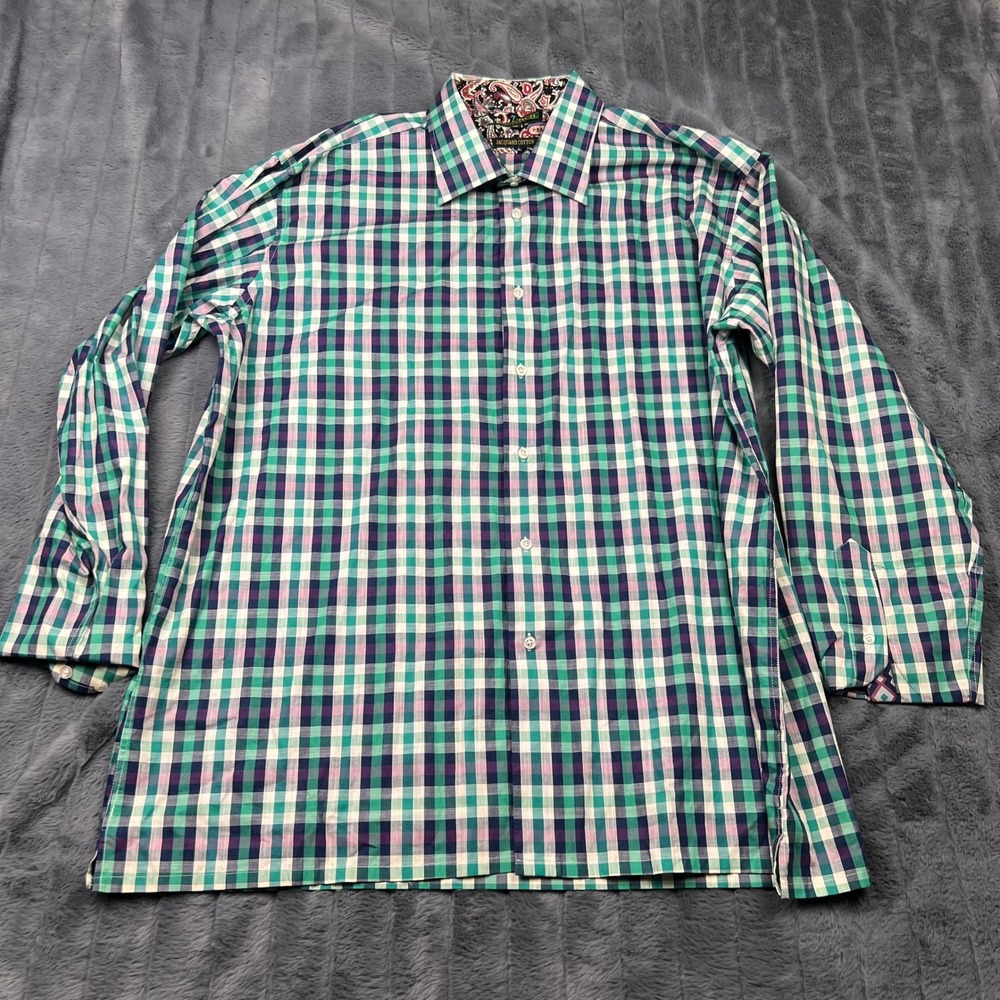 Inserch Icon Mens 2XL Jacquard Check Button Down Shirt Green Purple Paisley